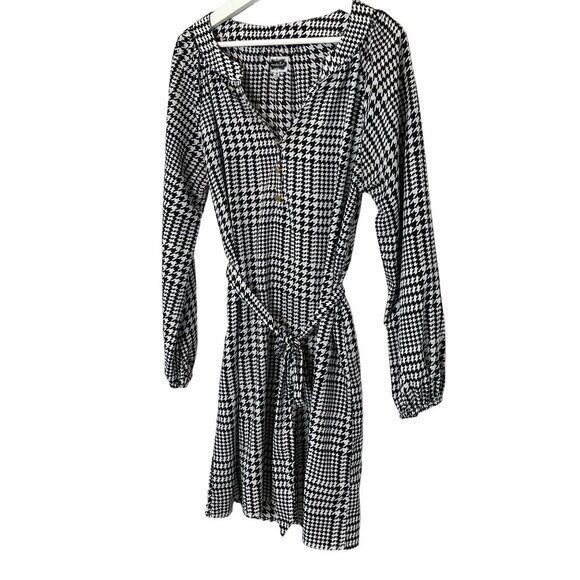 Mud Pie Houndstooth Plaid Long Sleeve Belted Dress Black Medium - Picture 10 of 10